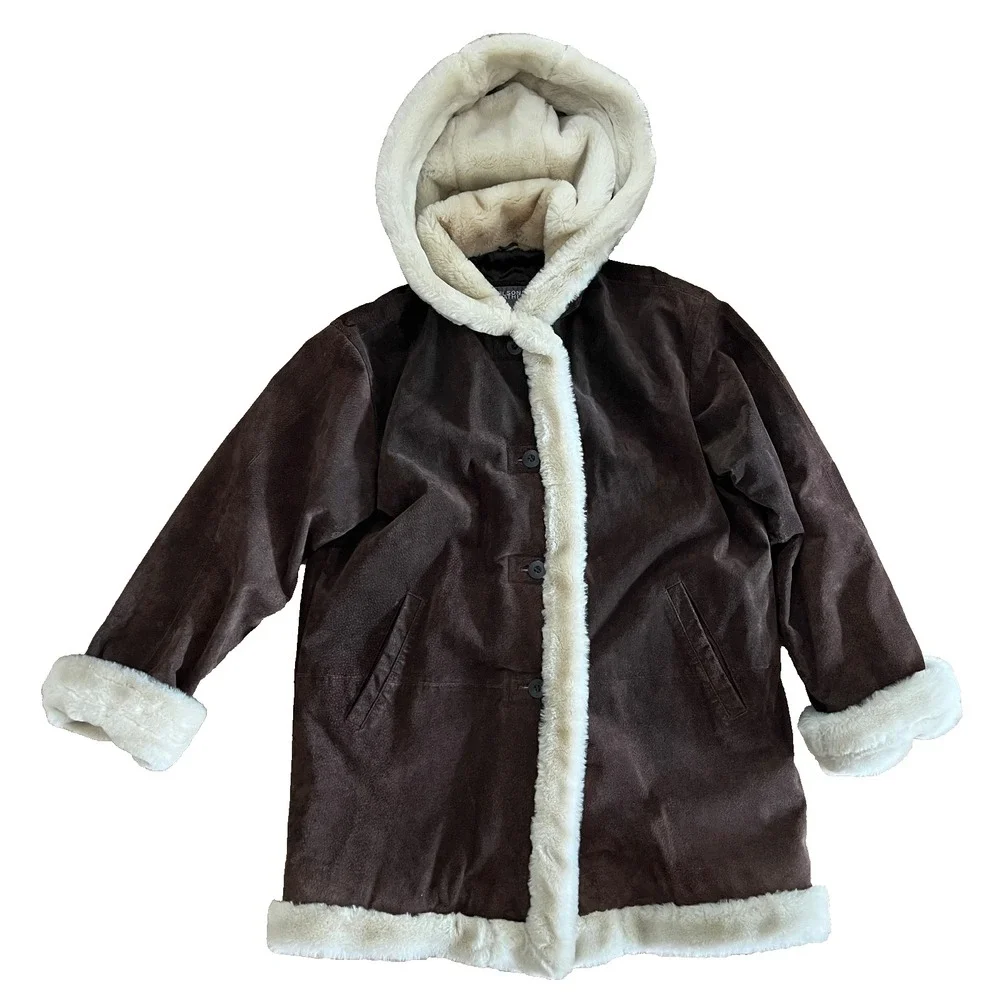 Vintage Wilsons Suede Leather Coat Womens L Brown Faux Fur Trim Hooded Excellent